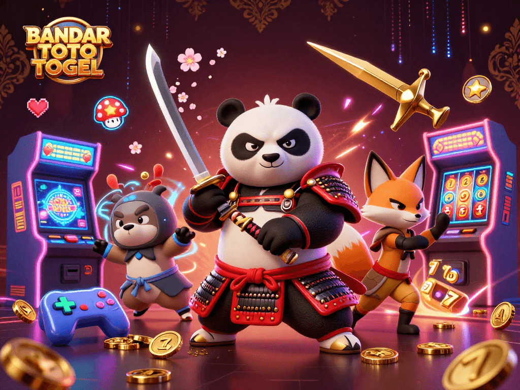 BANDAR TOTO TOGEL dynamic gaming scene with samurai panda and ninja fox highlighting exciting gameplay.