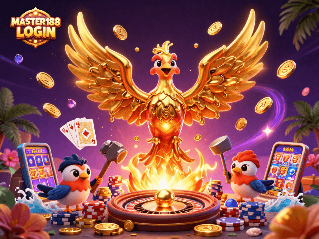 Experience jackpot thrills with MASTER188 LOGIN and molten gold phoenix imagery.