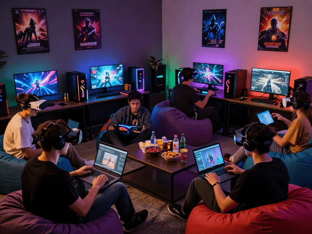 Friends enjoying popular porn ganes in a vibrant gaming lounge with multiple devices