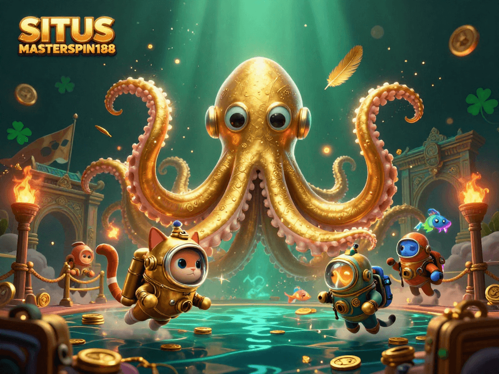 SITUS MASTERSPIN188 showcases a kraken and diving cat surrounded by casino treasures, creating an engaging gambling visual.