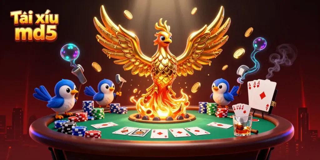 Tài xỉu md5 visualizes a winning moment with golden phoenix and poker chips.