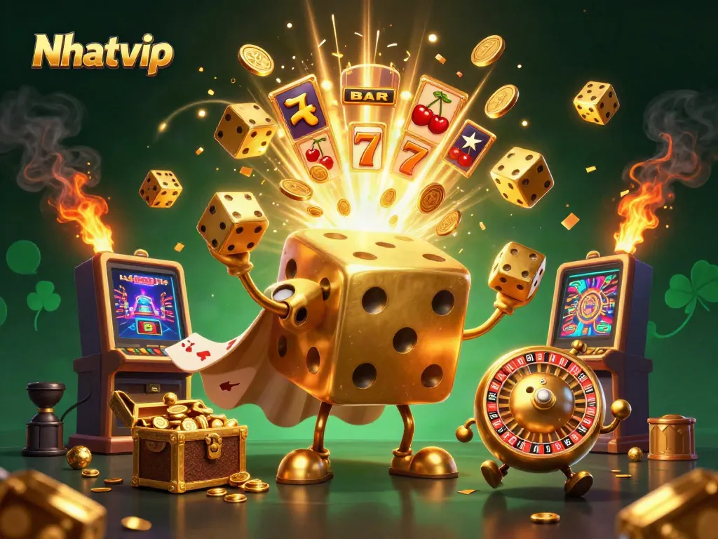 Experience jackpot thrills with Nhatvip in a vibrant casino world filled with golden dice, slot machines, and more.