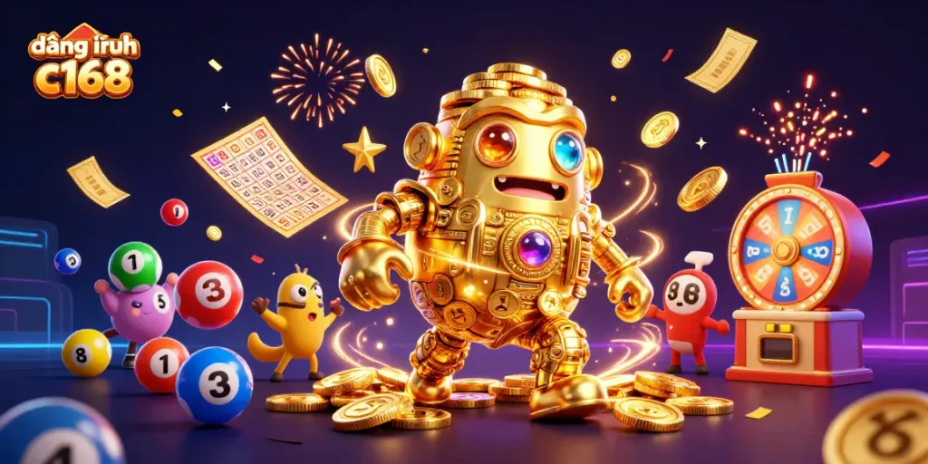 Engage in exciting gameplay at đăng nhập c168 with vibrant lottery and casino elements, featuring lively 3D illustrations.