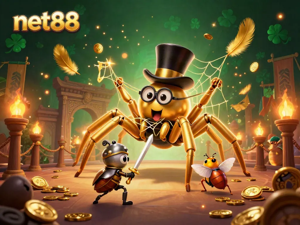 net88's exciting gambling scene showcases a golden tarantula and beetle knight in action.