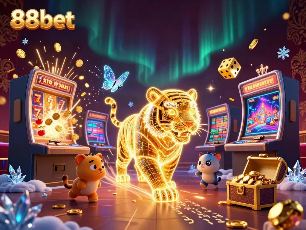Experience thrilling gameplay at 88vbet with a golden tiger in an energized casino scene.