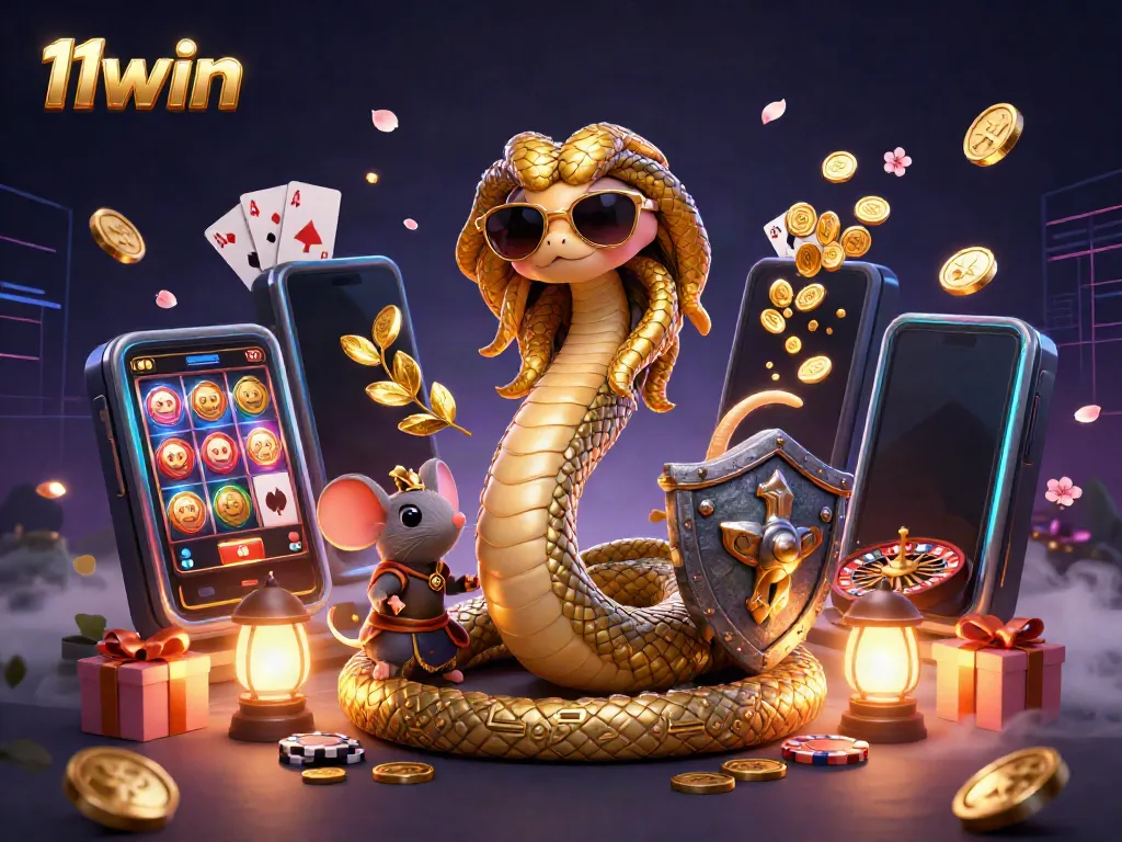 Play exciting games at 11win with Medusa and a warrior mouse, surrounded by colorful slot games and poker elements.