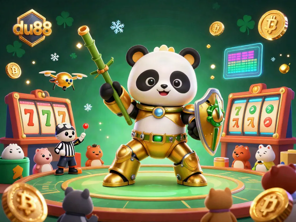 Experience thrilling du88 gameplay with a panda in a mech-suit battling in a vibrant casino arena.