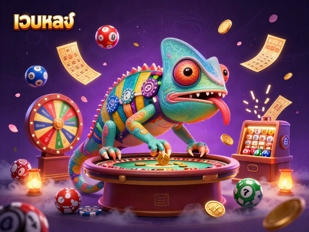 Engage with the vibrant world of เว็บตรง casinos featuring a colorful chameleon owner and lively lottery elements.
