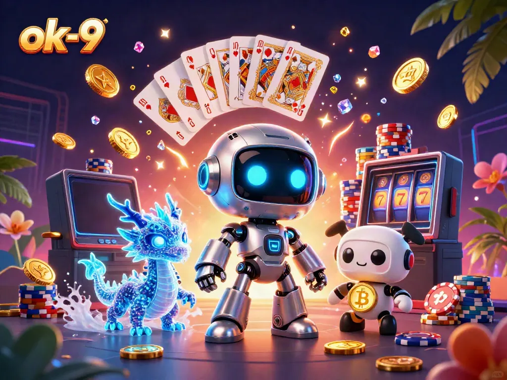 Embrace thrilling gameplay with ok-9 as a cyberpunk robot mascot and digital dragon in a vibrant casino
