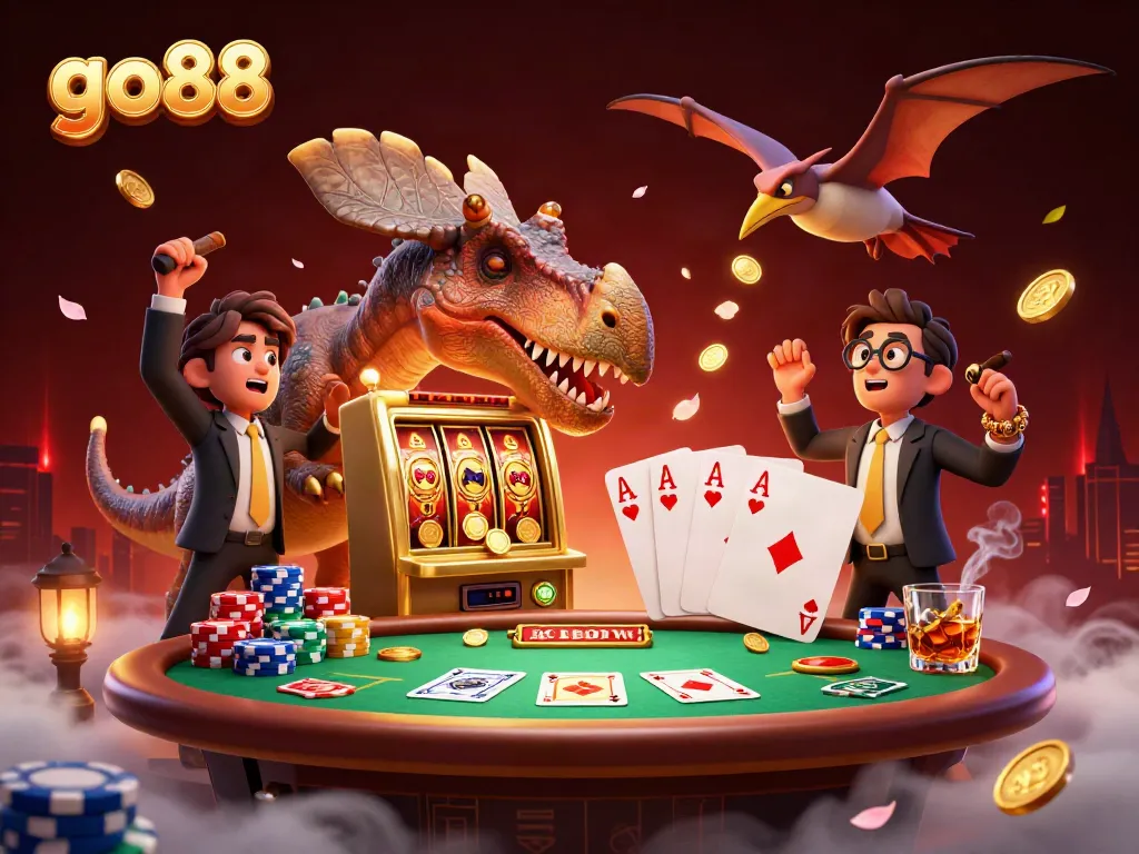 go88 delivers an exhilarating jackpot as a pachycephalosaurus interacts with a slot machine during an exciting casino scene.