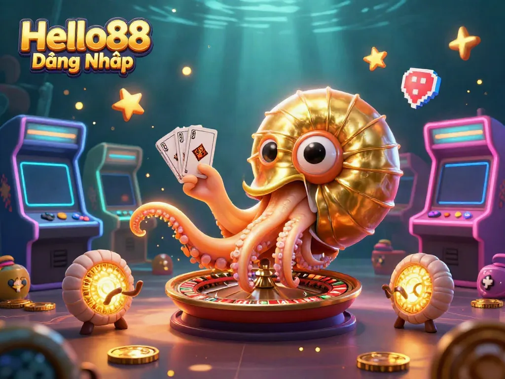 Hello88 Đăng Nhập showcases an engaging 3D casino scene with a giant nautilus and gaming elements.