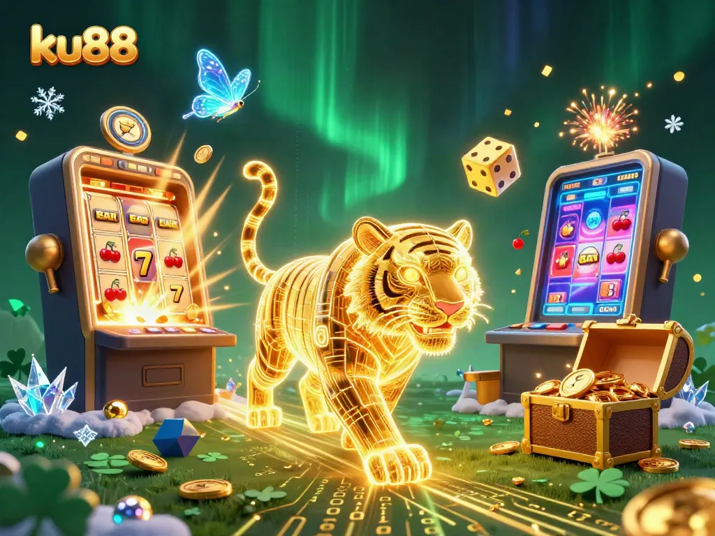 ku88 experience dynamic casino gaming with a neon-wireframe tiger and explosive slot machine