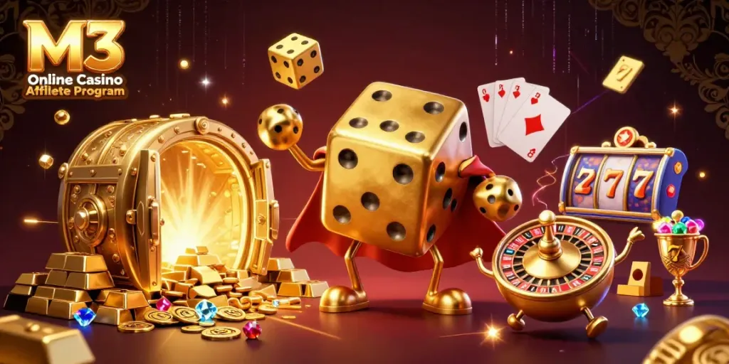 M3 Online Casino Affiliate Program showcasing a vibrant casino scene with a golden dice golem and gaming elements.