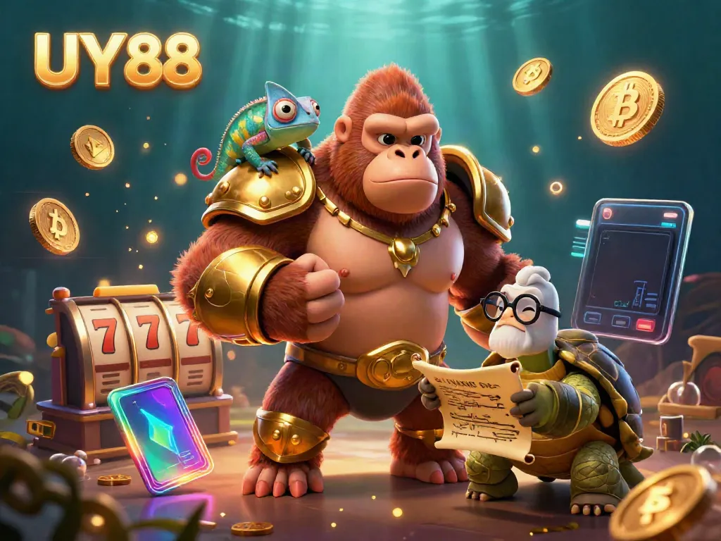 Engage in exciting slots at UY 88 with colorful characters and neon cryptocurrency elements illustrated in stunning detail.