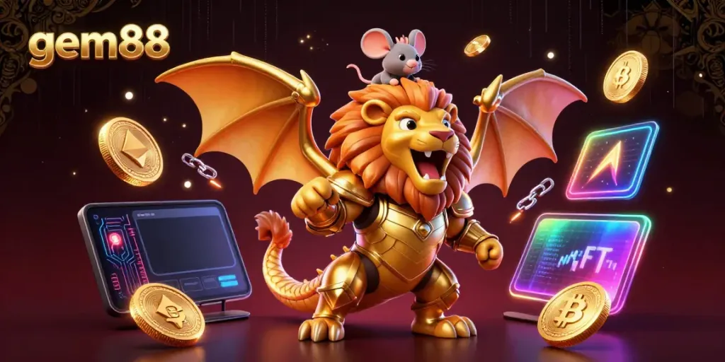 Experience thrilling gameplay at gem88 with a 3D chimera championing crypto coins and vibrant game elements.