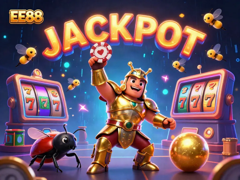Experience the excitement of EE88 as the hercules beetle celebrates a jackpot victory in a vibrant casino atmosphere.