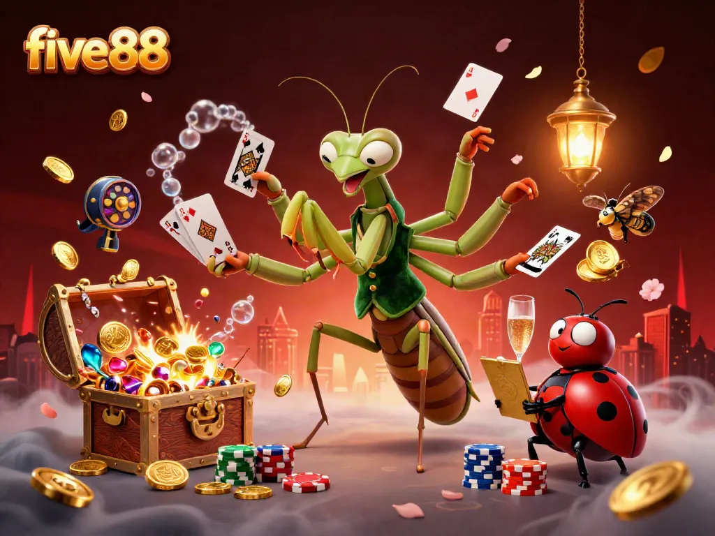 Experience thrilling gaming at five88, featuring a dynamic scene of a giant mantis and ladybug surrounded by slot game elements.