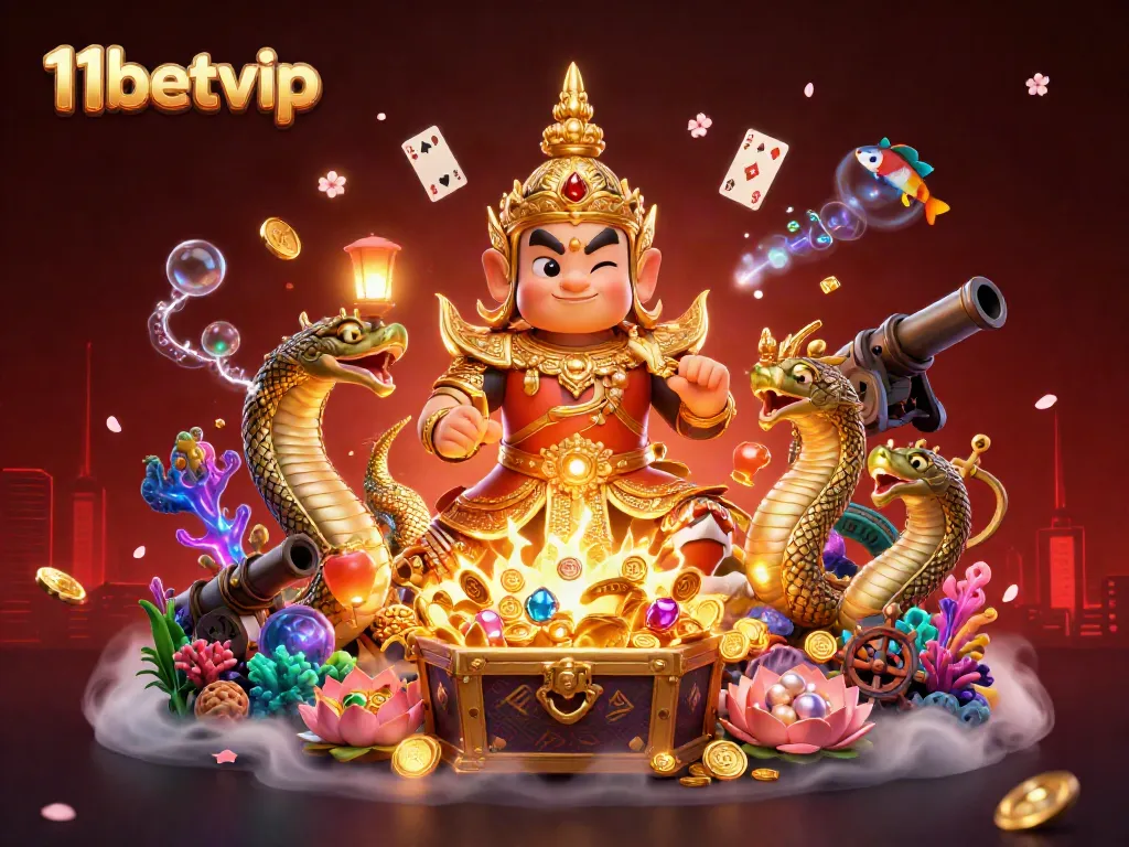 Engage in thrilling gameplay with 11betvip featuring a vibrant 3D Thai guardian and casino elements.
