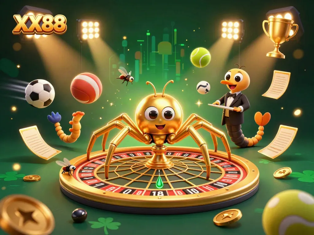 Experience the excitement of XX88 with a golden spider roulette and dynamic sports betting scene.