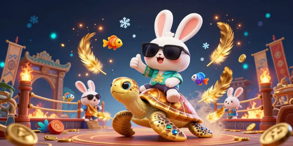 Engage with vibrant 555win com visuals showing a lucky rabbit on a gleaming turtle amidst dynamic betting elements.