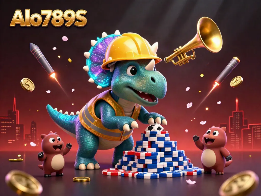 Celebrate with Alo789S as a triceratops builds poker chips in a vibrant casino scene.