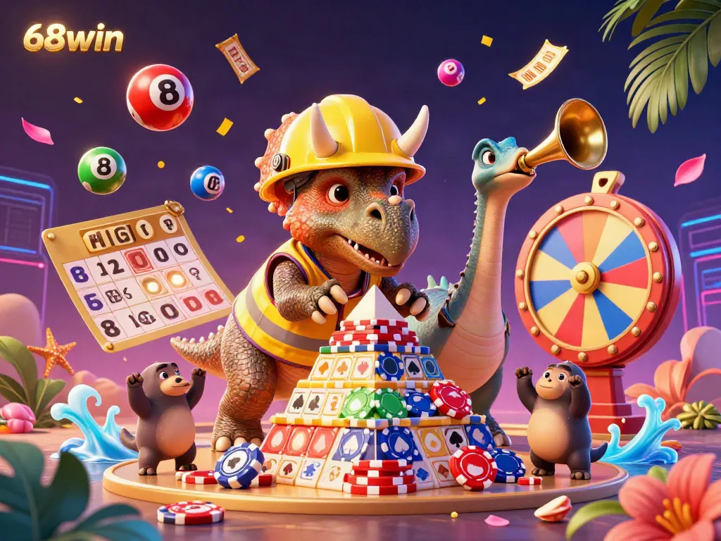 Join the fun at 68win with a vibrant casino-themed celebration of poker chips and dynamic game elements.