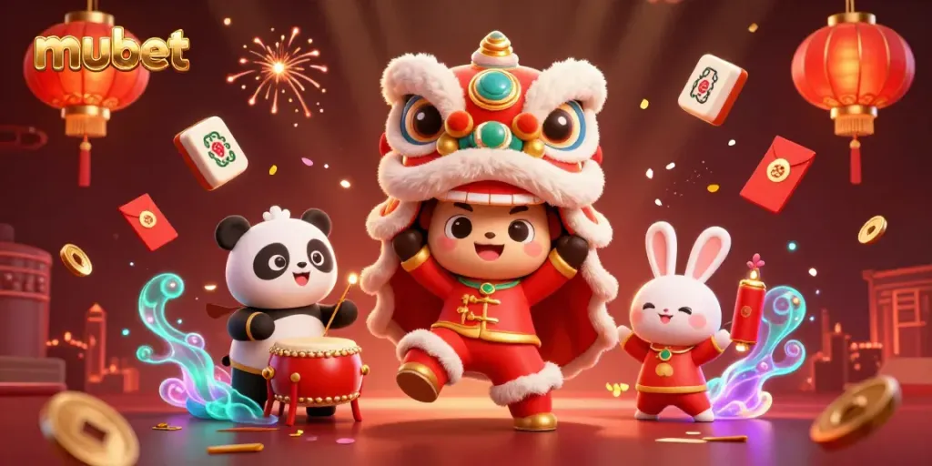 Experience excitement with mubet's vibrant casino scene featuring a dancing lion and lucky charms.