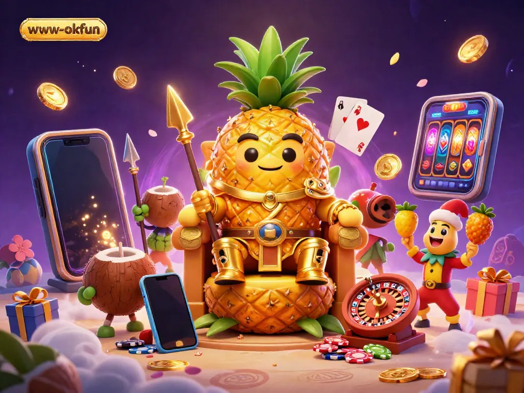 Experience thrilling gameplay at www-okfun, featuring a golden pineapple king among dynamic casino elements.