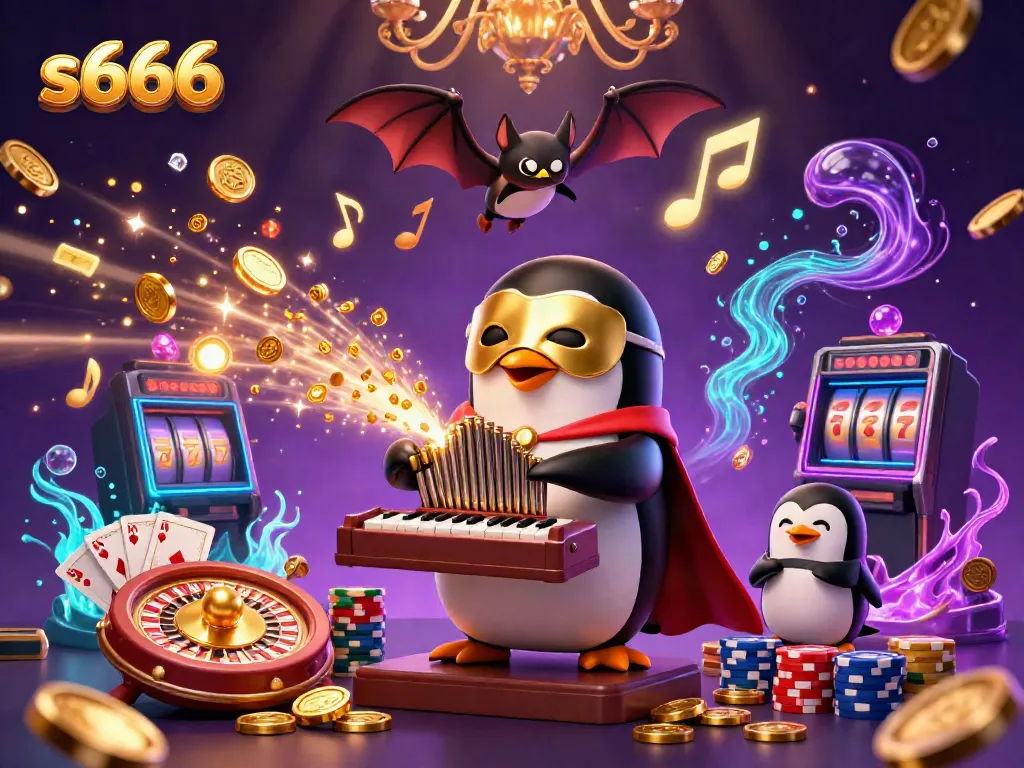 Engage in thrilling gameplay with s666 at a vibrant casino scene full of animated characters and golden treasures.