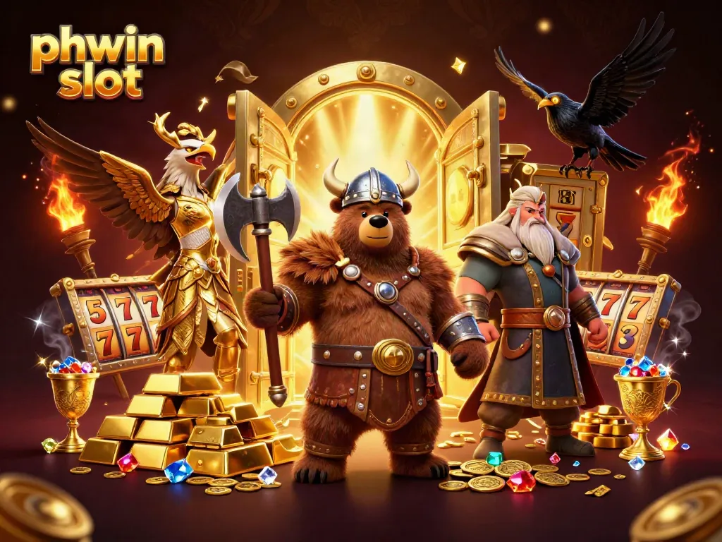 Engaging phwin slot illustration featuring Vikings, slot reels, and golden treasures.