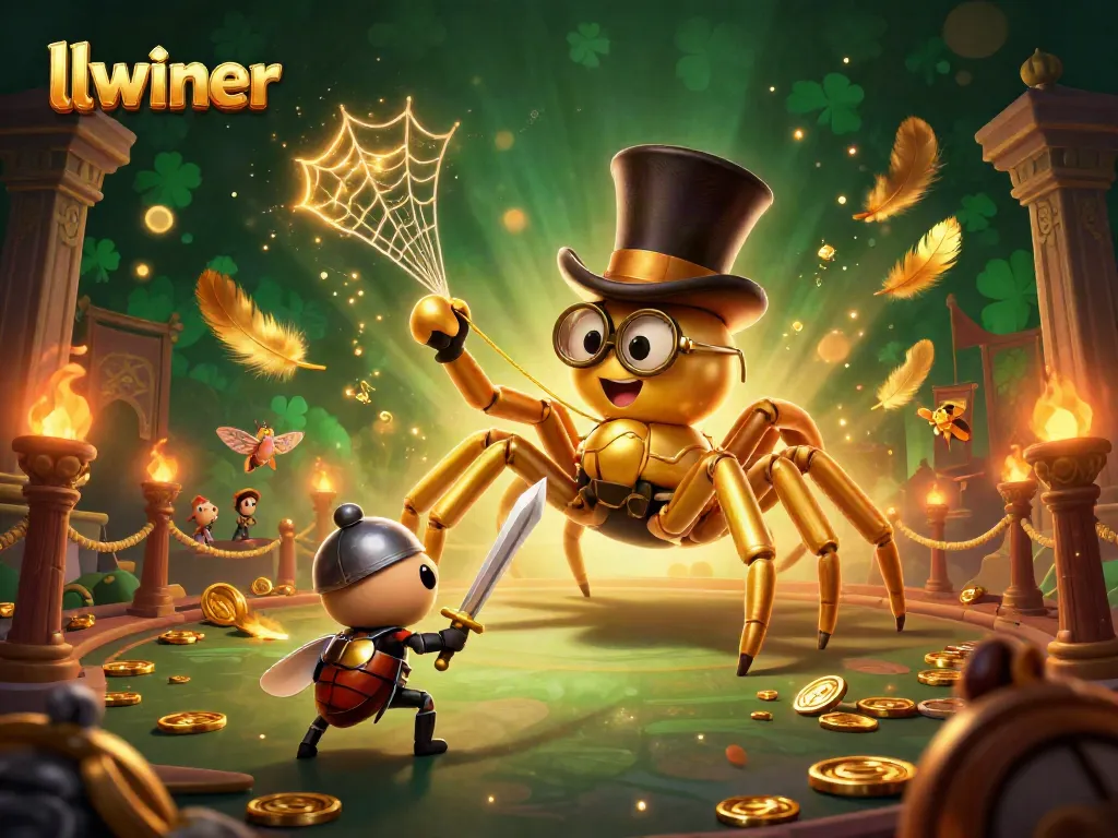 Vibrant casino scene featuring llwiner's charming tarantula and beetle knight amidst golden motifs and enchanting scenery.