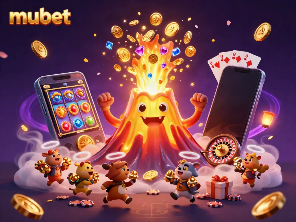 Experience the thrill of mubet casino with vibrant treasures erupting from a golden volcano, depicting a high-energy gambling scene.