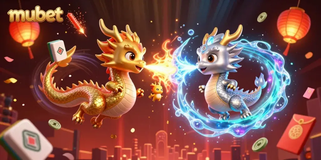 Experience the thrill of mubet with dragons amidst vibrant casino elements in a dazzling scene.