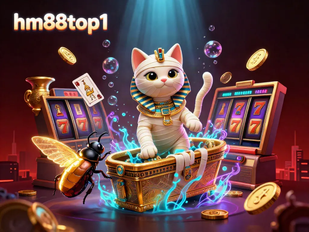 Experience the excitement of the hm88top1 casino with a lively scene of a cartoon Egyptian mummy cat and golden sarcophagus.