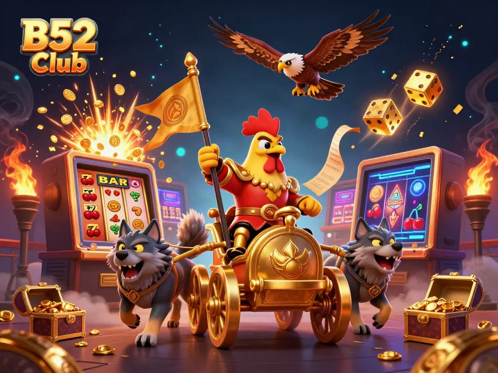 Experience the excitement of B52 Club with a dynamic casino scene featuring the rooster warlord and gold treasures!