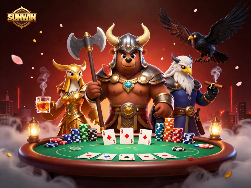Experience thrilling action in SUNWIN with a vibrant casino scene featuring unique characters and poker elements.