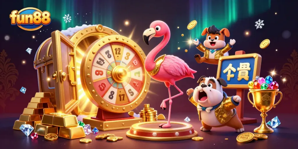 Spin the fun88 prize wheel with vibrant characters celebrating winning moments in a lively casino scene.