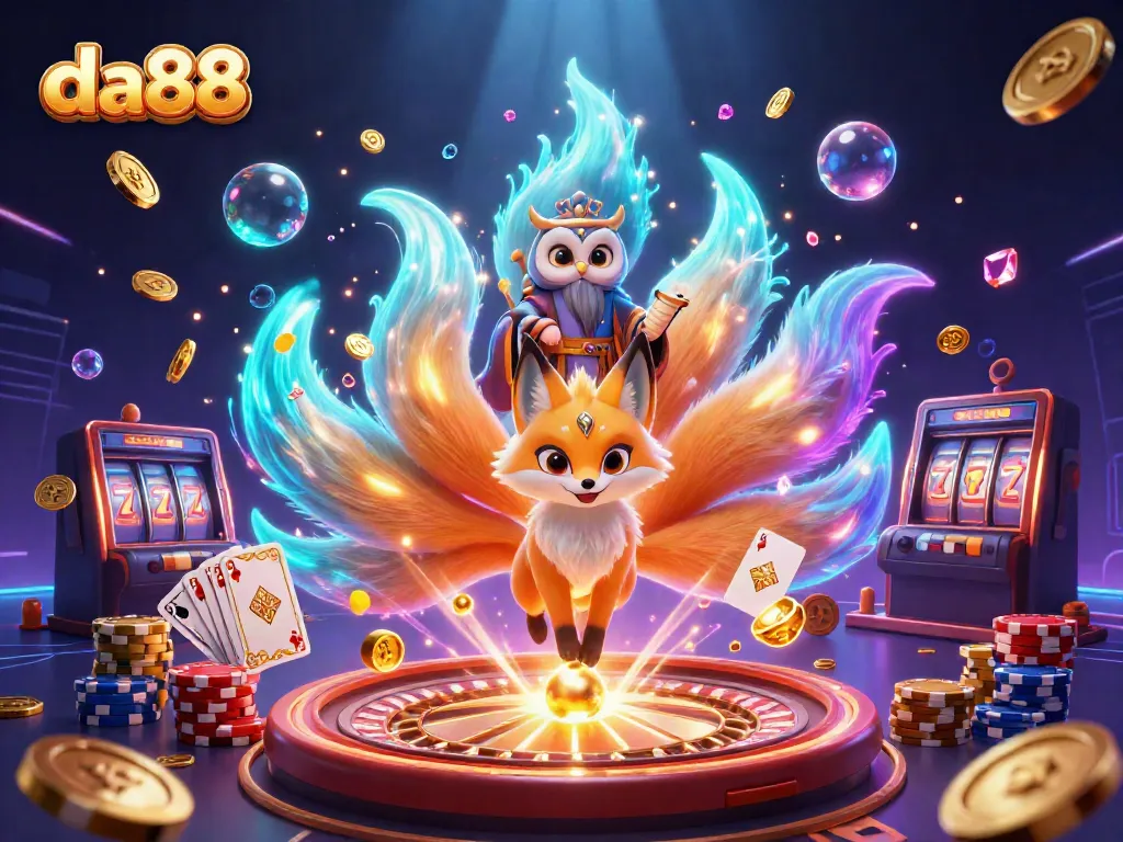Experience the vibrant world of da88 casino with a mystical nine-tailed fox and wise owl among dazzling game elements.