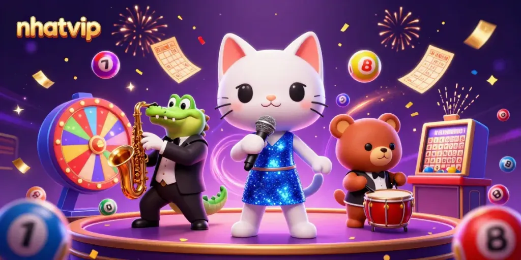 Experience the thrill of nhatvip with vibrant characters on stage celebrating in a dynamic casino environment.