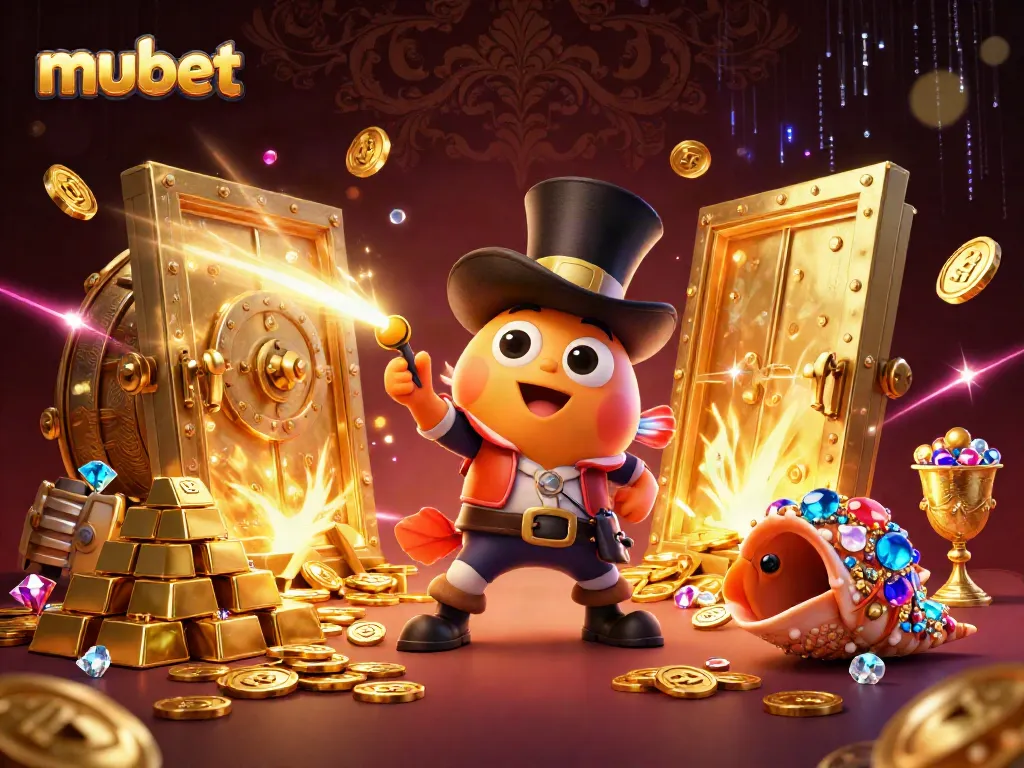 Attract golden coins and treasures with mubet in a vibrant 3D illustration of fishing-themed casino fun.