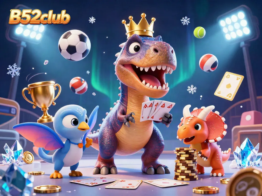 B52club online casino game illustration featuring cartoon dinosaurs playing cards and stacking chips.
