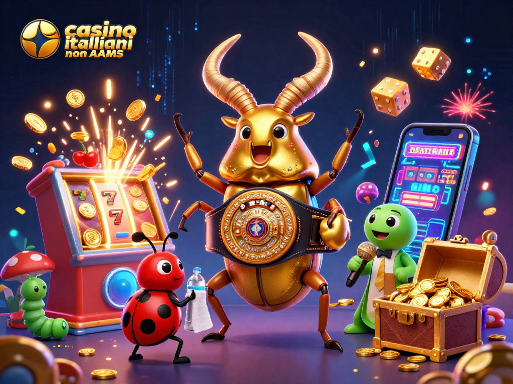 Slot machine e personaggi animati in un'illustrazione 3D per casino italiani non AAMS.