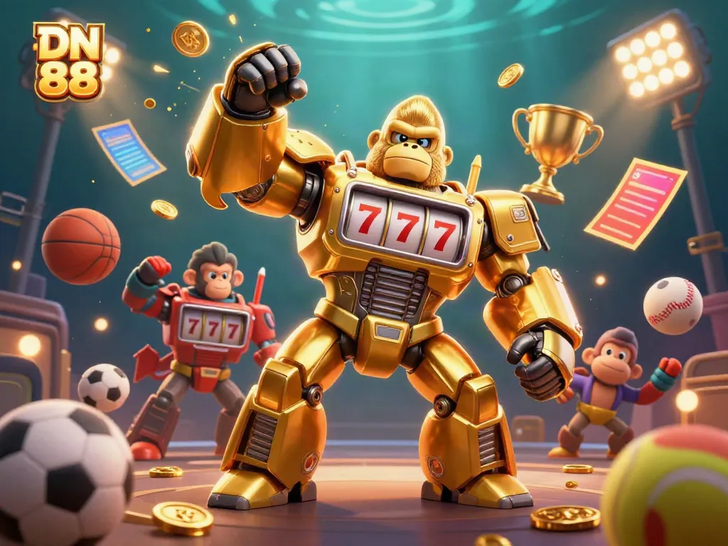 Experience the thrill of DN 88 with a dynamic 3D illustration of a golden gorilla mech and vibrant casino elements.
