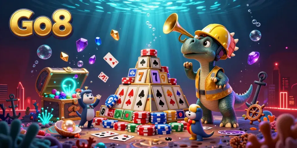 Go8-themed festive 3D illustration depicting a triceratops building poker chips, celebrating a winning casino experience.