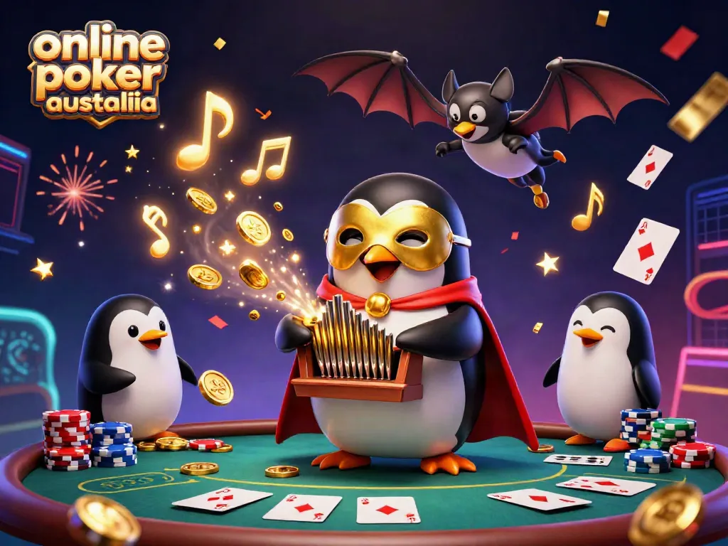 Experience online poker Australia with vibrant 3D illustration of a penguin character playing poker in an exciting casino atmosphere.