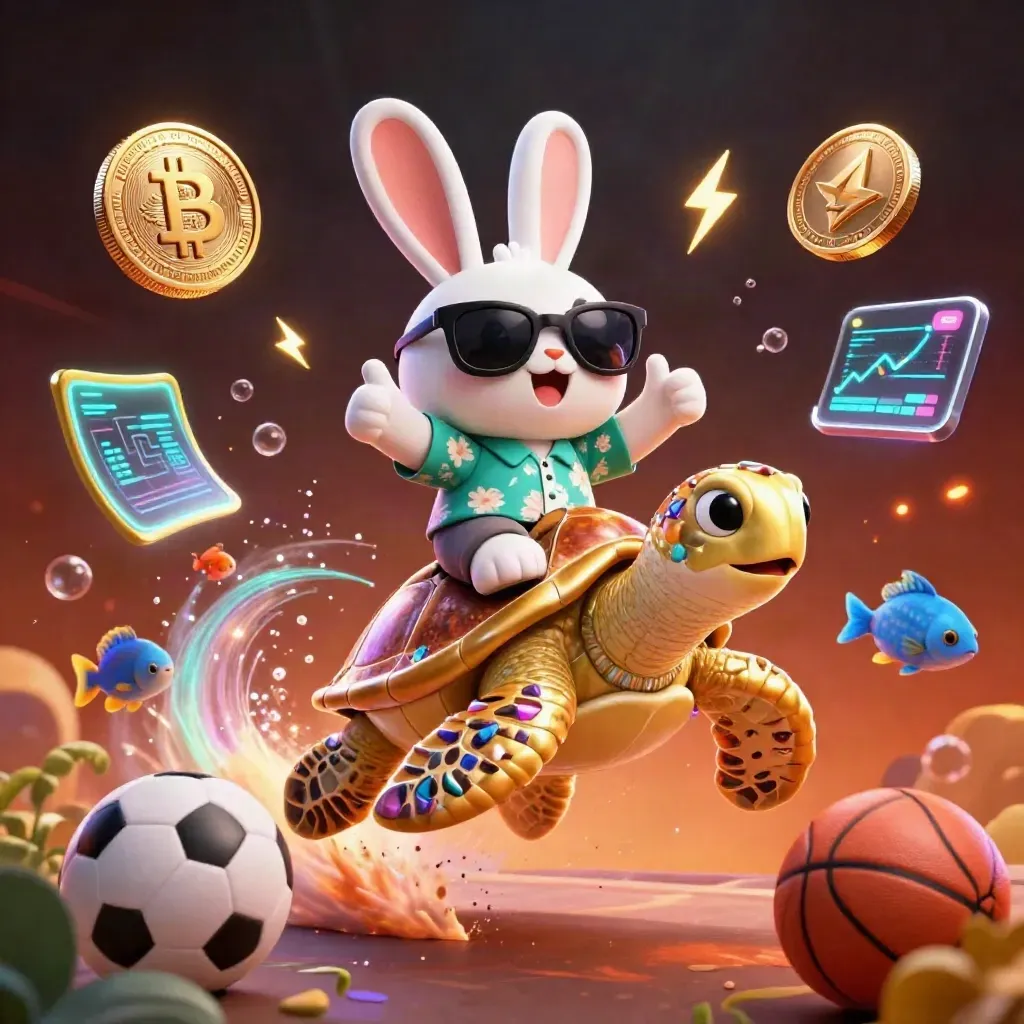 Rabbit on jeweled turtle with coins, balls, lightning, fish, and glowing spray.