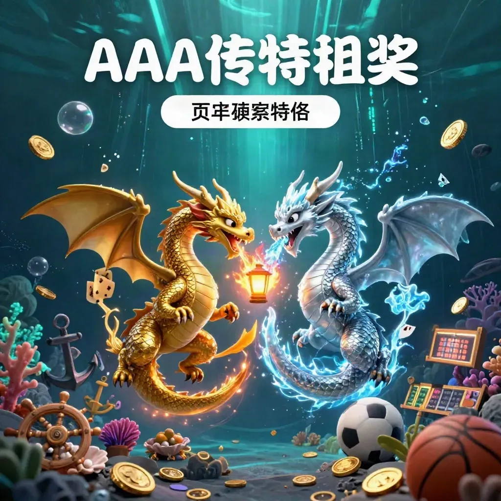 Gold and silver dragons spiral in an underwater treasure cove with teal neon and casino icons.