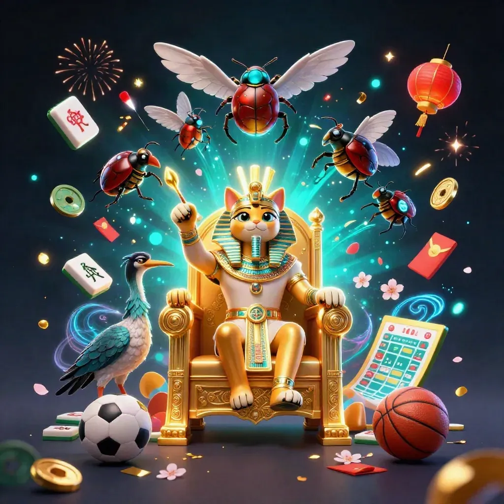 Egyptian cat pharaoh, ibis scribe, and scarab beetles amid casino treasures and teal magic.