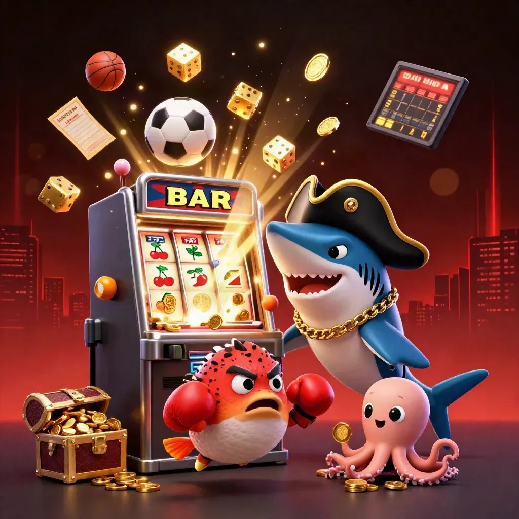 Pirate shark, boxing pufferfish, and coin-juggling octopus amid casino sparks and sports balls.