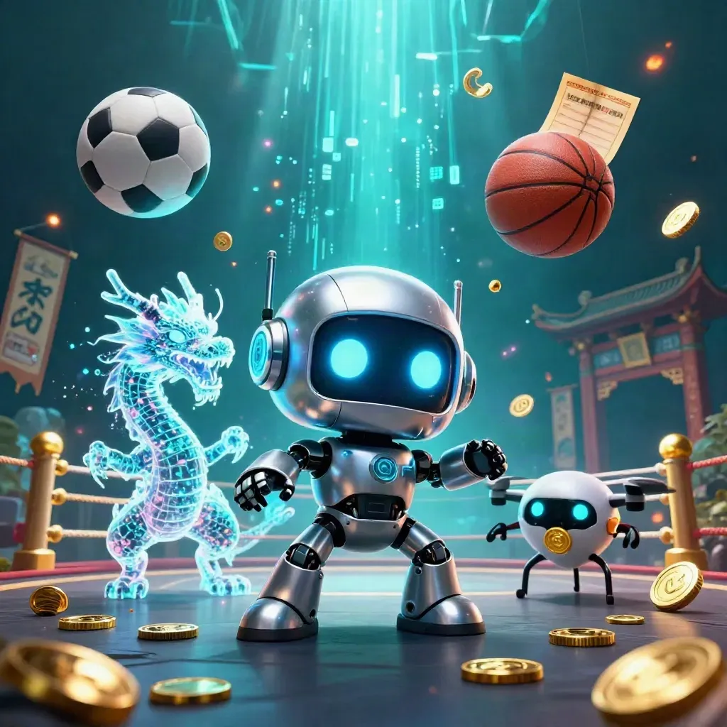 Cyberpunk robot, holographic dragon and drone amid coins, balls and neon energy underwater.